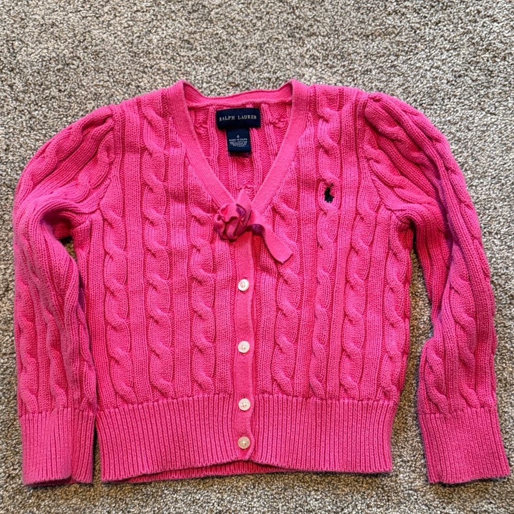 Ralph Lauren girls' pink cable-knit cotton cardigan sweater